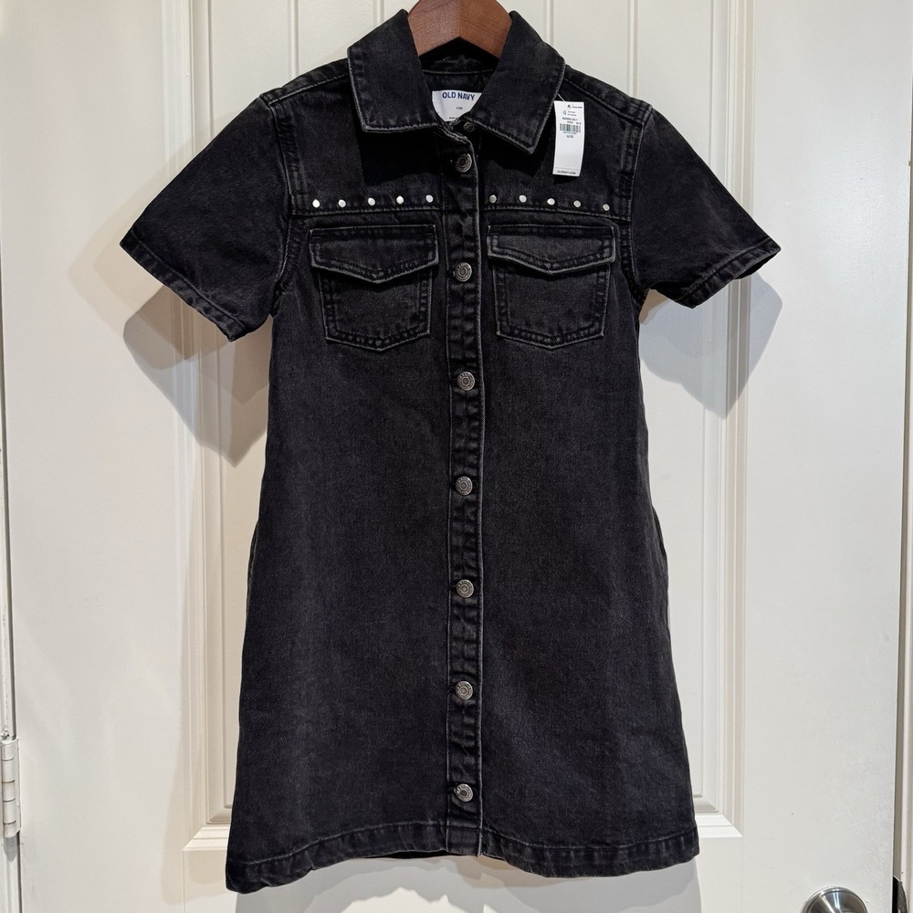 Old Navy Studded Black Denim Button Up Dress Girls 10 NEW
